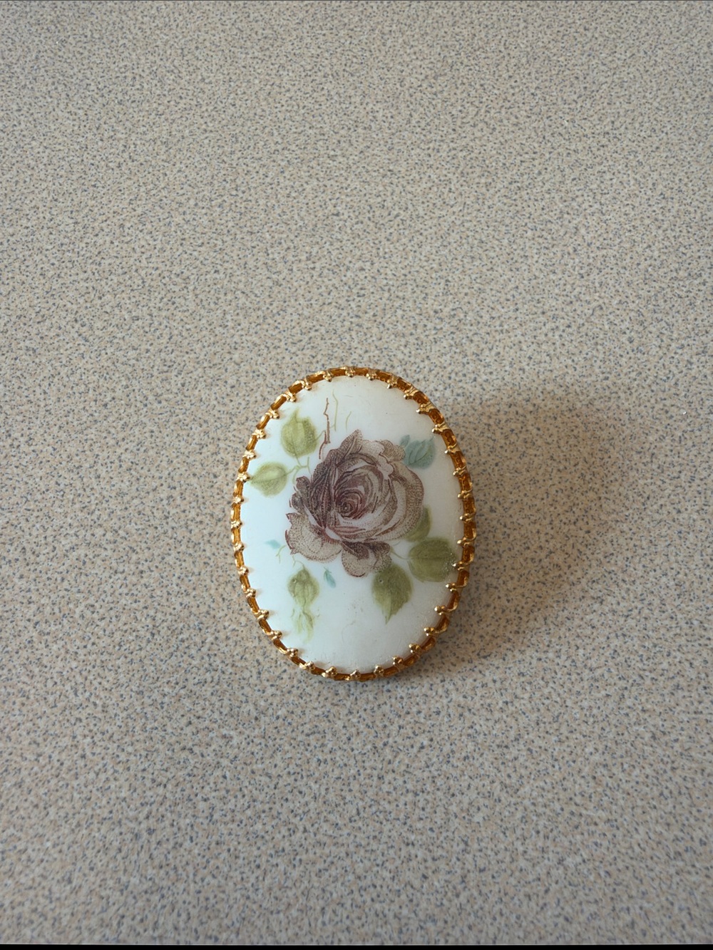 Vintage Floral Porcelain Brooch with Gold Trim